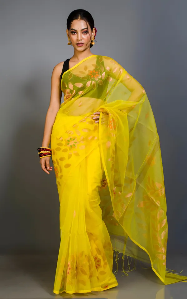 Authentic_Soft_Silk_Muslin_Jamdani_Saree_In_Cadmium_Yellow_Copper_And_Multicolor_Meenakari_Work