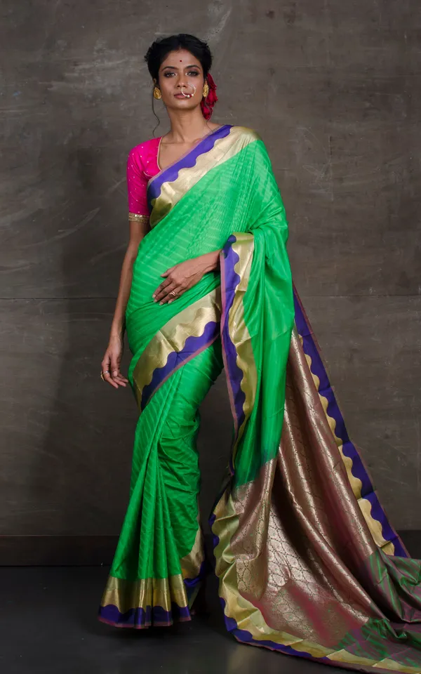 Art_Silk_Kanjivaram_Saree_In_Spring_Green_Indigo_Blue_And_Beige