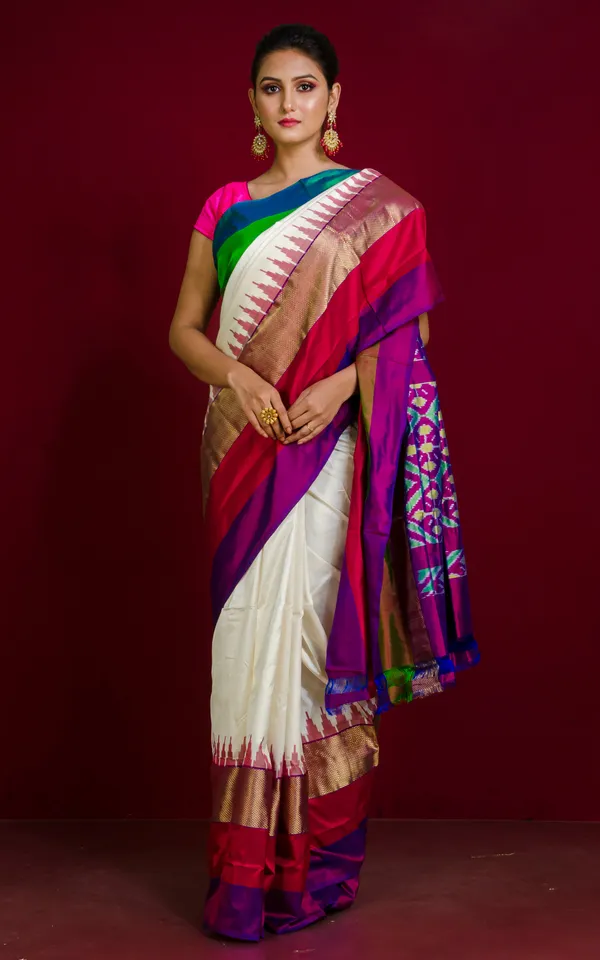 Designer_Skirt_Border_Ikkat_Pochampally_Silk_Saree_In_Off_White_And_Multicolor