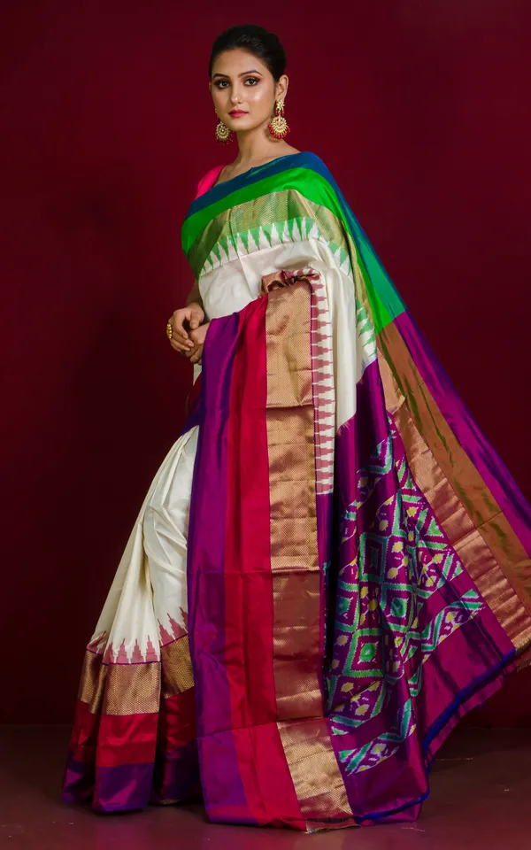 Designer_Skirt_Border_Ikkat_Pochampally_Silk_Saree_In_Off_White_And_Multicolor