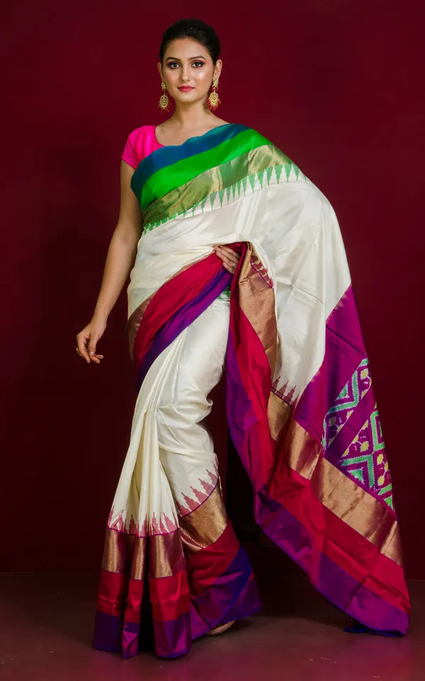 Designer_Skirt_Border_Ikkat_Pochampally_Silk_Saree_In_Off_White_And_Multicolor