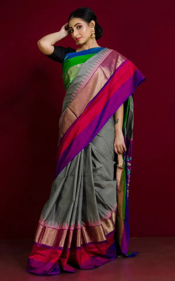 Designer_Skirt_Border_Ikkat_Pochampally_Silk_Saree_In_Pewter_Grey_And_Multicolor