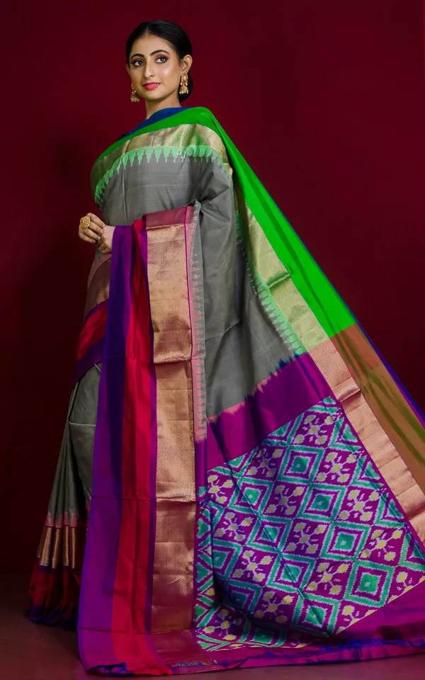 Designer_Skirt_Border_Ikkat_Pochampally_Silk_Saree_In_Pewter_Grey_And_Multicolor