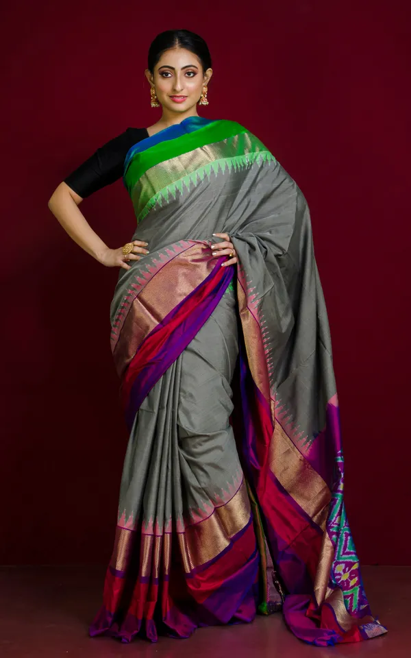 Designer_Skirt_Border_Ikkat_Pochampally_Silk_Saree_In_Pewter_Grey_And_Multicolor