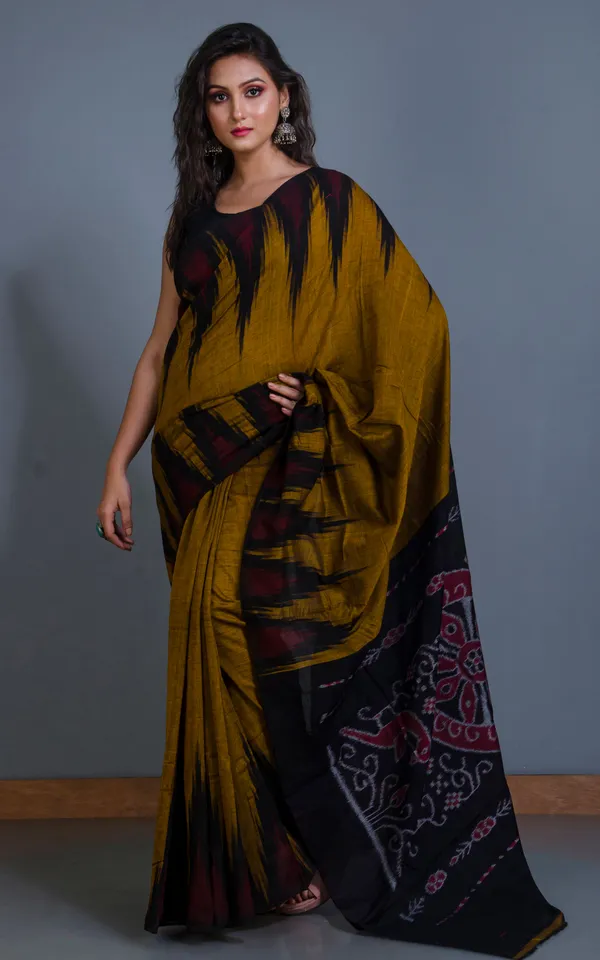 Soft_Mercerized_Cotton_Ikkat_Pochampally_Mustard_Yellow_Black_Dark_Red_And_Grey