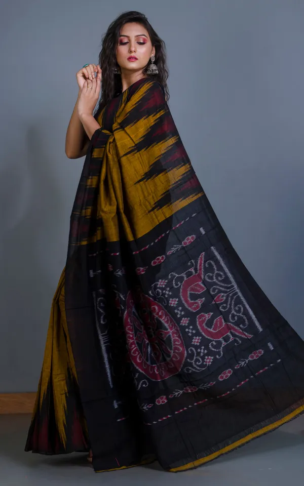Soft_Mercerized_Cotton_Ikkat_Pochampally_Mustard_Yellow_Black_Dark_Red_And_Grey