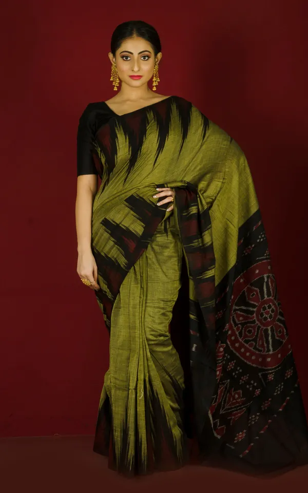 Soft_Mercerized_Cotton_Ikkat_Pochampally_Olive_Green_Black_Dark_Red_And_Grey
