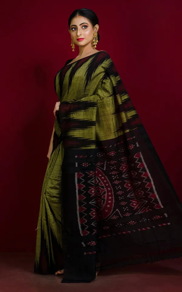 Soft_Mercerized_Cotton_Ikkat_Pochampally_Olive_Green_Black_Dark_Red_And_Grey