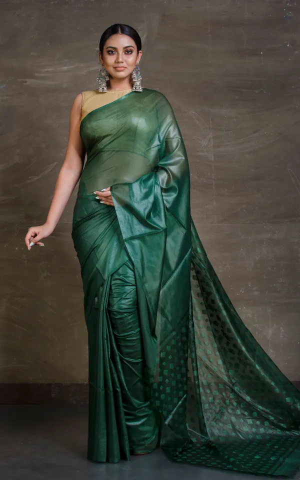 Soft_Bhagalpuri_Silk_Saree_With_Woven_Floral_Muslin_Pallu_In_Bottle_Green