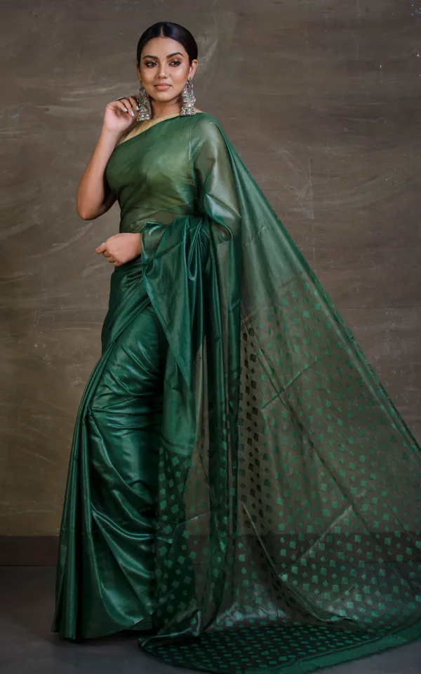 Soft_Bhagalpuri_Silk_Saree_With_Woven_Floral_Muslin_Pallu_In_Bottle_Green
