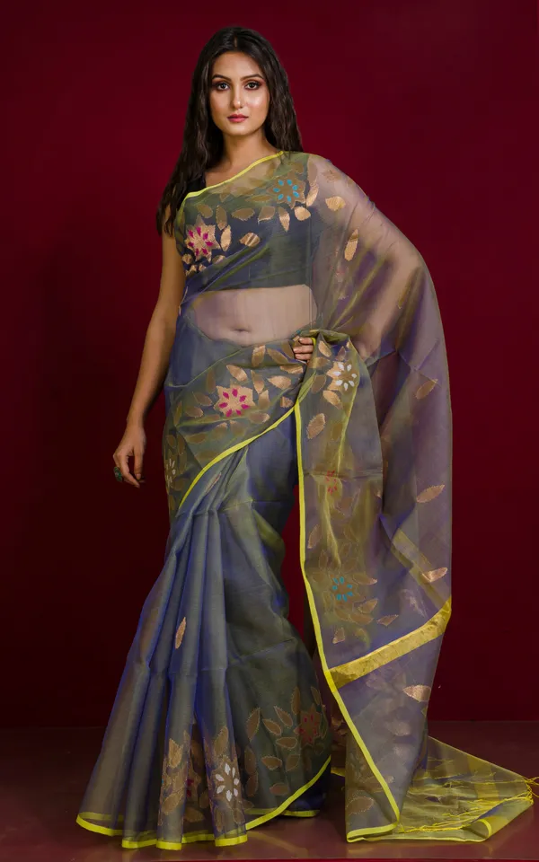 Authentic_Soft_Silk_Muslin_Jamdani_Saree_In_Dual_Tone_Of_Grey_And_Yellow_With_Multicolor_Meenakari_Work