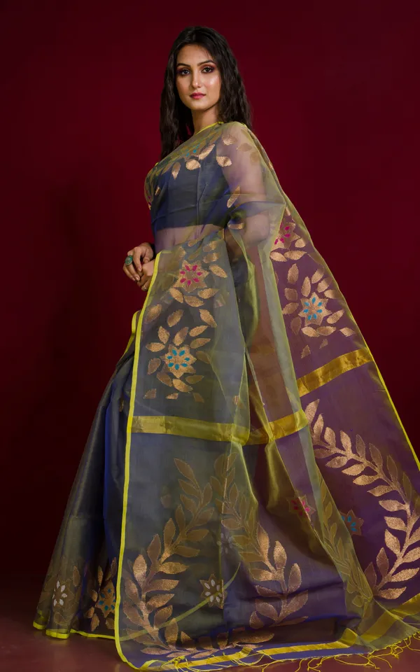 Authentic_Soft_Silk_Muslin_Jamdani_Saree_In_Dual_Tone_Of_Grey_And_Yellow_With_Multicolor_Meenakari_Work