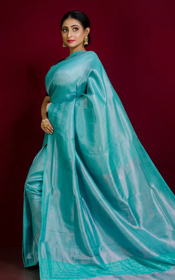 Tan_Chui_Brocade_Work_Katan_Silk_Saree_In_Turquoise_And_Copper_Zari_Work