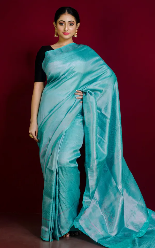 Tan_Chui_Brocade_Work_Katan_Silk_Saree_In_Turquoise_And_Copper_Zari_Work