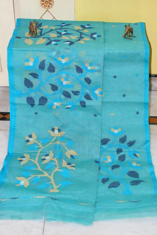 Skirt_Nakshi_Hand_Work_Jamdani_Saree_In_Cyan_Turquoise_Beige_And_Multicolor_Thread_Work