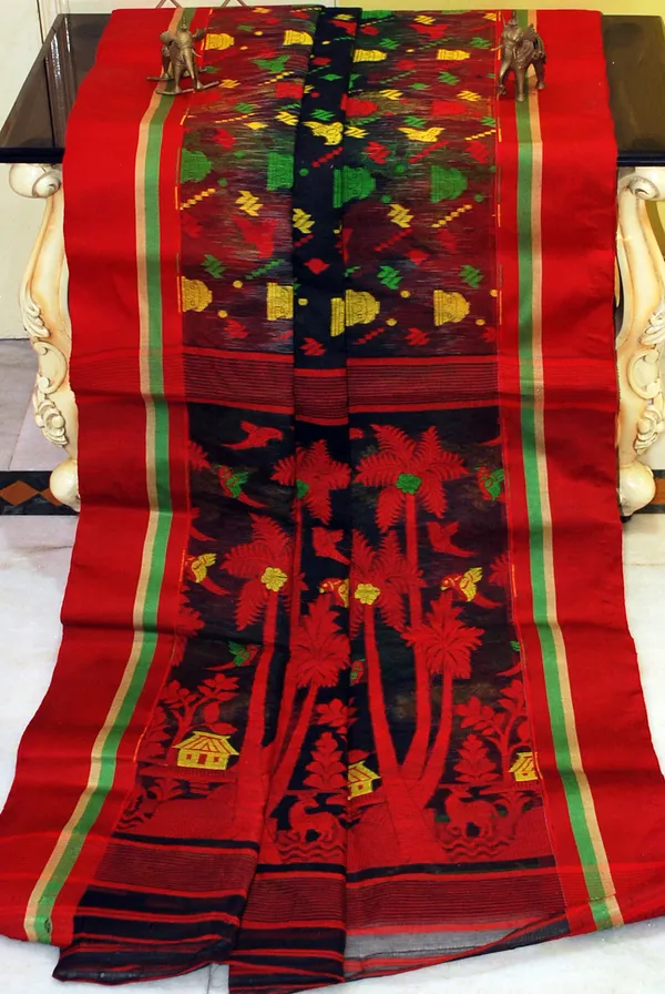 Metro_Kotki_Border_Cotton_Muslin_Jamdani_Saree_In_Black_Red_And_Multicolor_Thread_Work