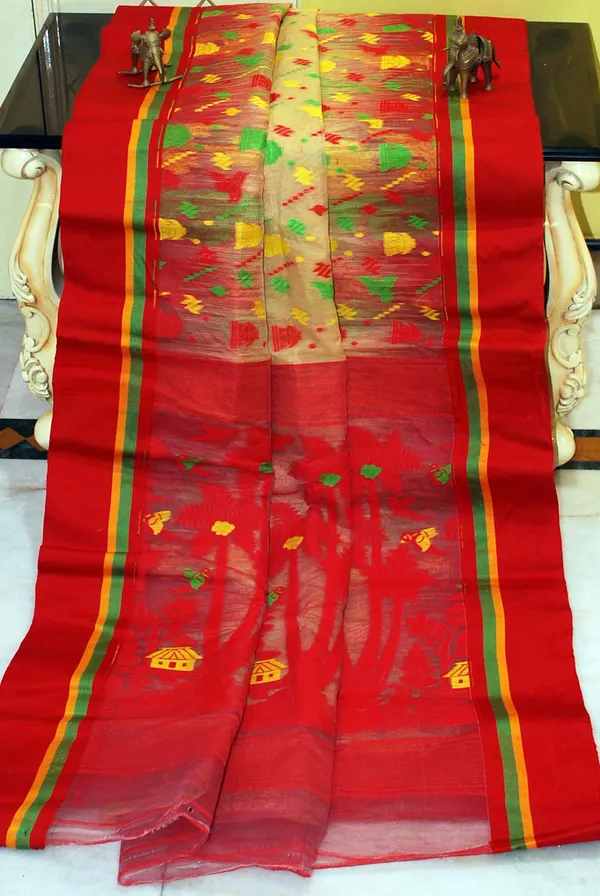 Metro_Kotki_Border_Cotton_Muslin_Jamdani_Saree_In_Beige_Red_And_Multicolor_Thread_Work