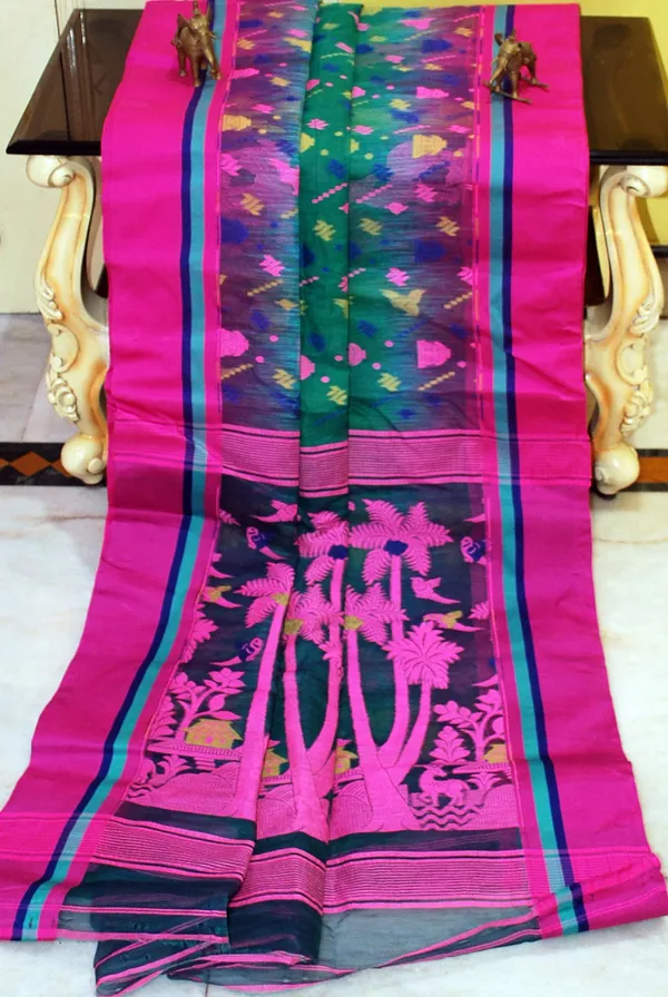 Metro_Kotki_Border_Cotton_Muslin_Jamdani_Saree_In_Green_Pink_And_Multicolor_Thread_Work