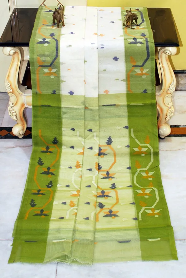 Hand_Woven_Cotton_Dhakai_Jamdani_Saree_In_White_Pear_Green_And_Multicolor_Thread_Work