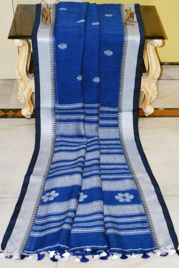 Premium_Quality_Traditional_Linen_Jamdani_Saree_In_Denim_Blue_And_Off_White