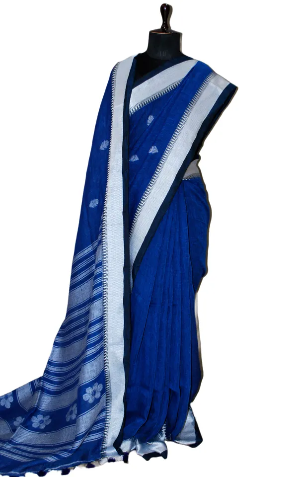 Premium_Quality_Traditional_Linen_Jamdani_Saree_In_Denim_Blue_And_Off_White