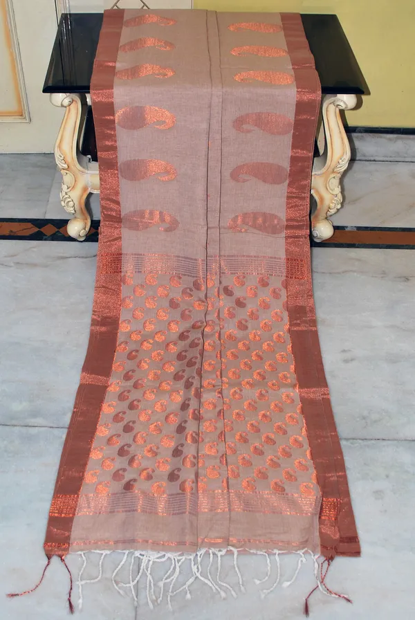 Premium_Quality_Double_Warp_Soft_Pure_Cotton_Saree_In_Beige_And_Copper_Zari_Work