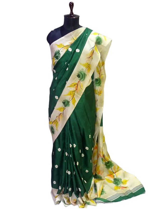 Embroidery_Work_Soft_Kosa_Silk_Saree_In_Phthalo_Green_Beige_And_Multicolor