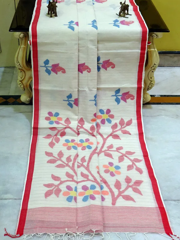 Premium_Quality_Hand_Work_Cotton_Dhakai_Jamdani_Saree_In_Off_White_Red_And_Multicolor_Woven_Thread_Work