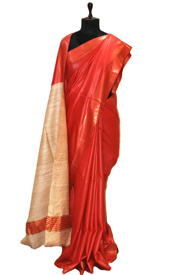 Soft_Bhagalpuri_Silk_Saree_With_Natural_Ghicha_Tussar_Pallu_In_Red_And_Brush_Gold_Zari_Work
