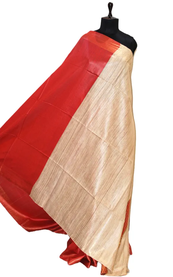 Soft_Bhagalpuri_Silk_Saree_With_Natural_Ghicha_Tussar_Pallu_In_Red_And_Brush_Gold_Zari_Work