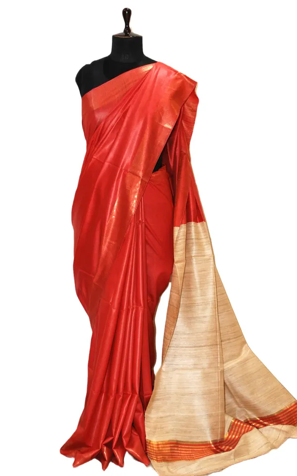 Soft_Bhagalpuri_Silk_Saree_With_Natural_Ghicha_Tussar_Pallu_In_Red_And_Brush_Gold_Zari_Work
