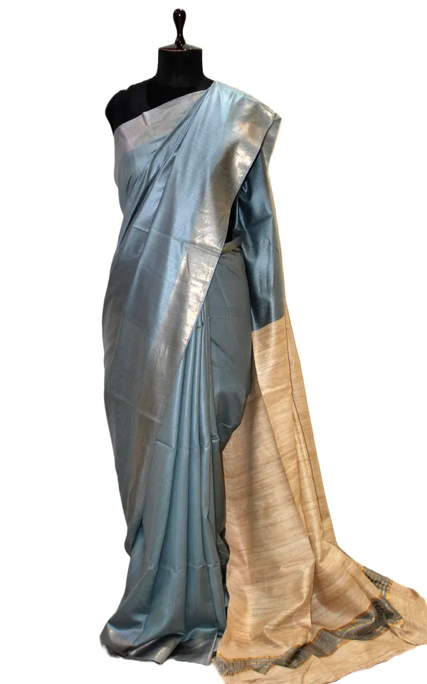 Soft_Bhagalpuri_Silk_Saree_With_Natural_Ghicha_Tussar_Pallu_In_Slate_Grey_And_Brush_Gold_Zari_Work