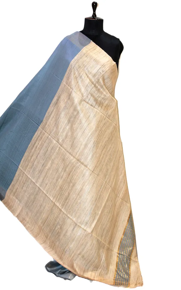 Soft_Bhagalpuri_Silk_Saree_With_Natural_Ghicha_Tussar_Pallu_In_Slate_Grey_And_Brush_Gold_Zari_Work