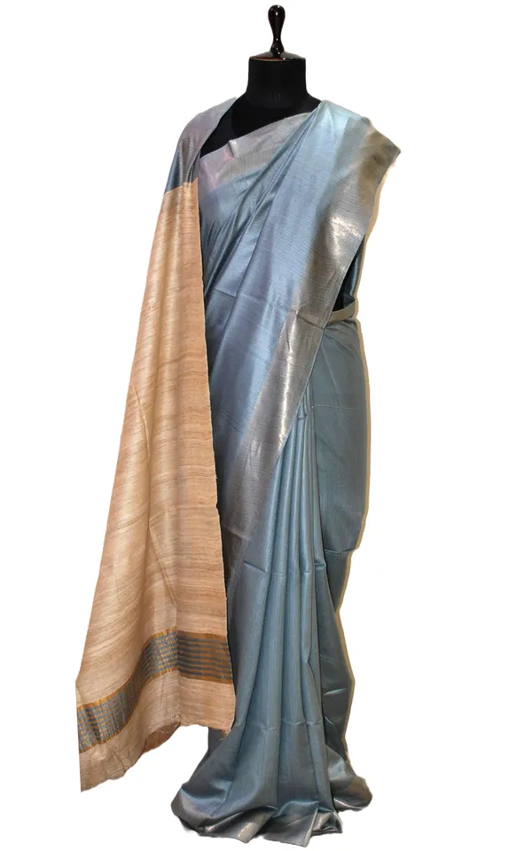 Soft_Bhagalpuri_Silk_Saree_With_Natural_Ghicha_Tussar_Pallu_In_Slate_Grey_And_Brush_Gold_Zari_Work
