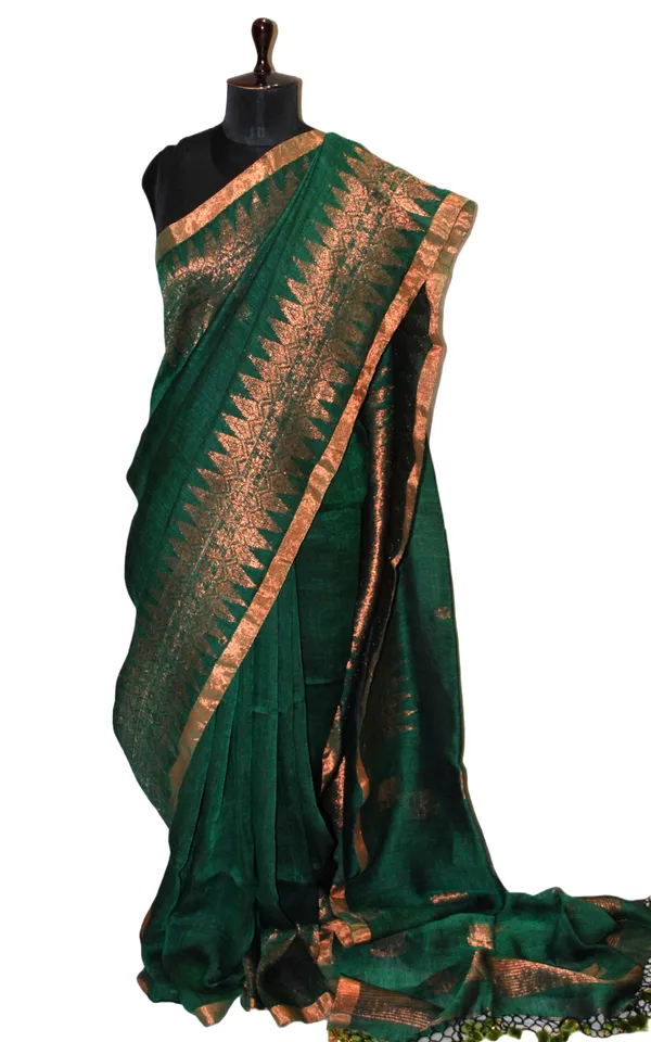 Hand_Woven_Linen_Kanchipuram_Saree_In_Cadmium_Green_And_Copper