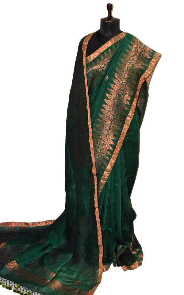 Hand_Woven_Linen_Kanchipuram_Saree_In_Cadmium_Green_And_Copper