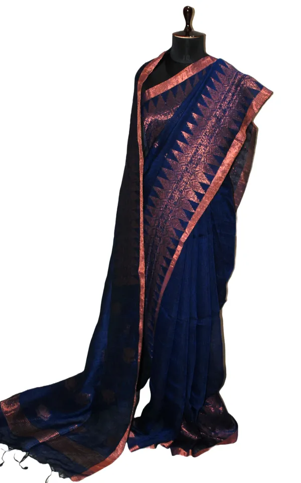 Hand_Woven_Linen_Kanchipuram_Saree_In_Prussian_Blue_And_Copper