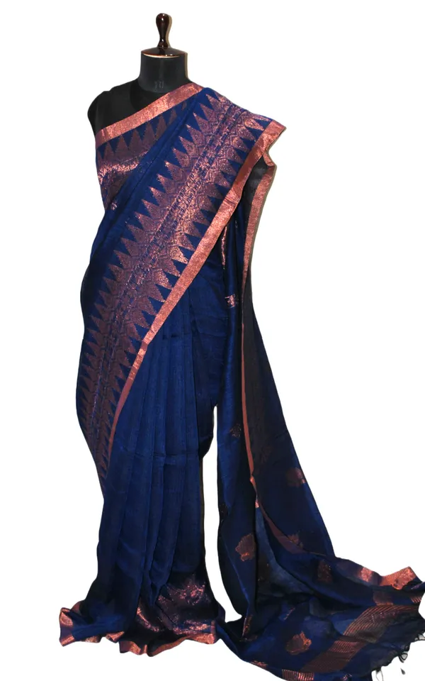 Hand_Woven_Linen_Kanchipuram_Saree_In_Prussian_Blue_And_Copper