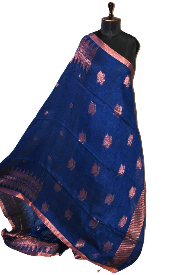 Hand_Woven_Linen_Kanchipuram_Saree_In_Prussian_Blue_And_Copper