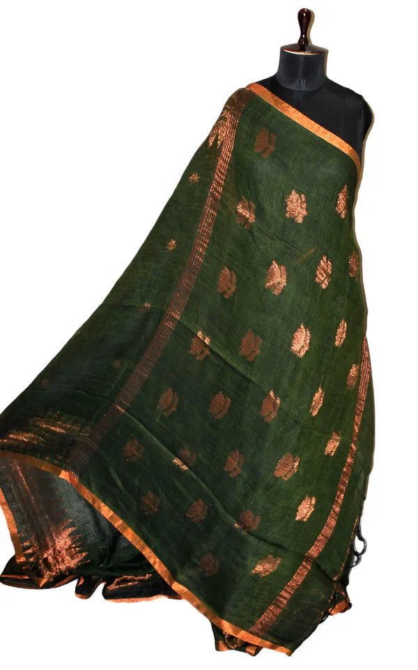 Hand_Woven_Linen_Kanchipuram_Saree_In_Juniper_Green_And_Copper