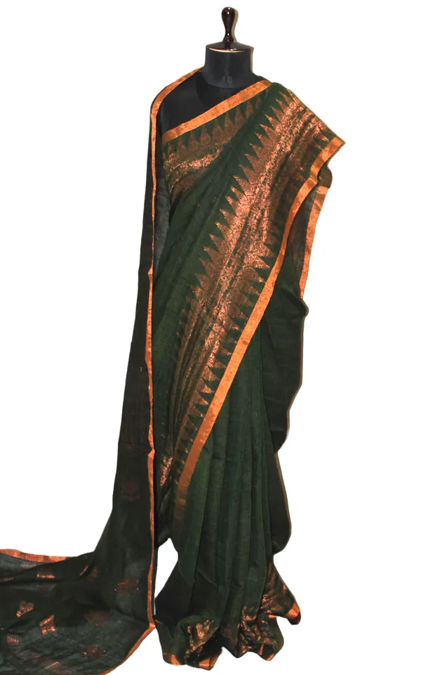 Hand_Woven_Linen_Kanchipuram_Saree_In_Juniper_Green_And_Copper