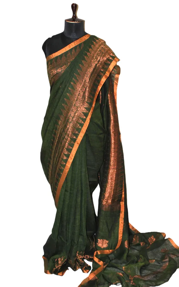 Hand_Woven_Linen_Kanchipuram_Saree_In_Juniper_Green_And_Copper