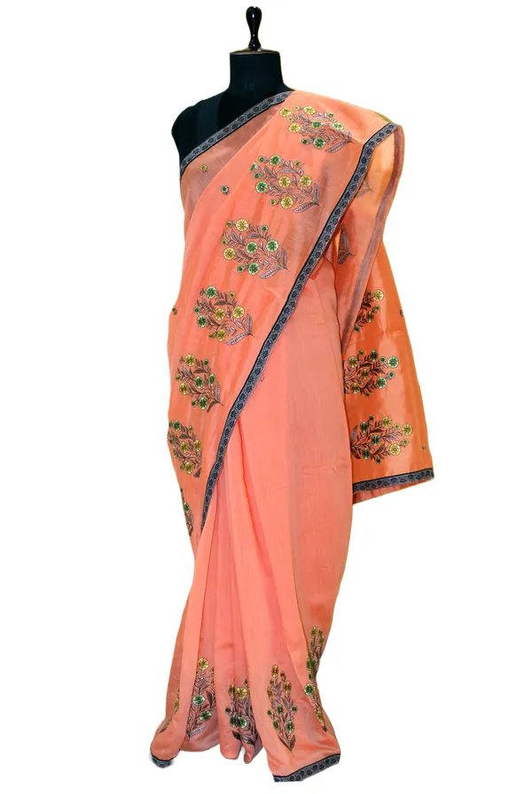Embroidery_Work_Semi_Georgette_Saree_In_Soap_Orange_Black_And_Multicolor