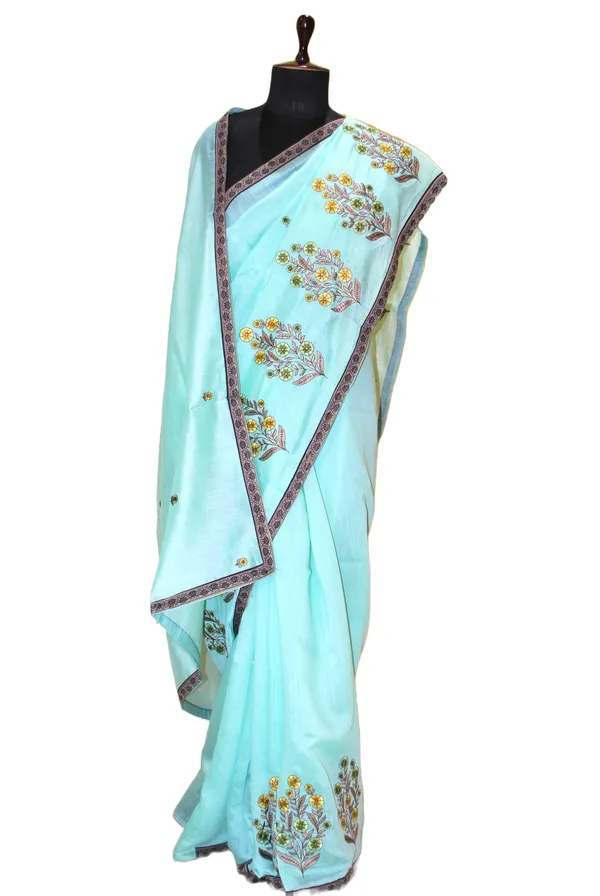 Embroidery_Work_Semi_Georgette_Saree_In_Seafoam_Green_Black_And_Multicolor