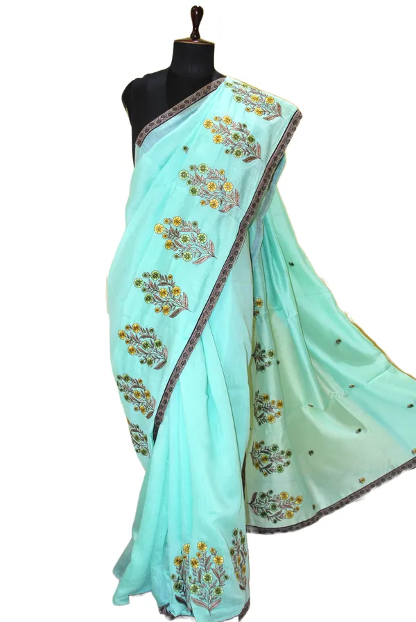 Embroidery_Work_Semi_Georgette_Saree_In_Seafoam_Green_Black_And_Multicolor