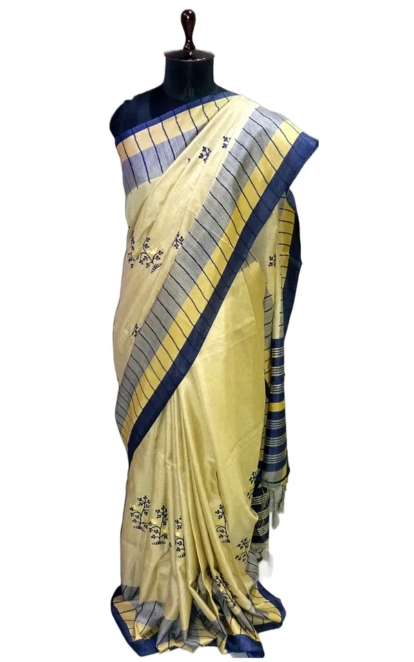 Embroidery_Work_Soft_Kosa_Silk_Saree_In_Cream_Khaki_And_Navy_Blue_Thread_Work