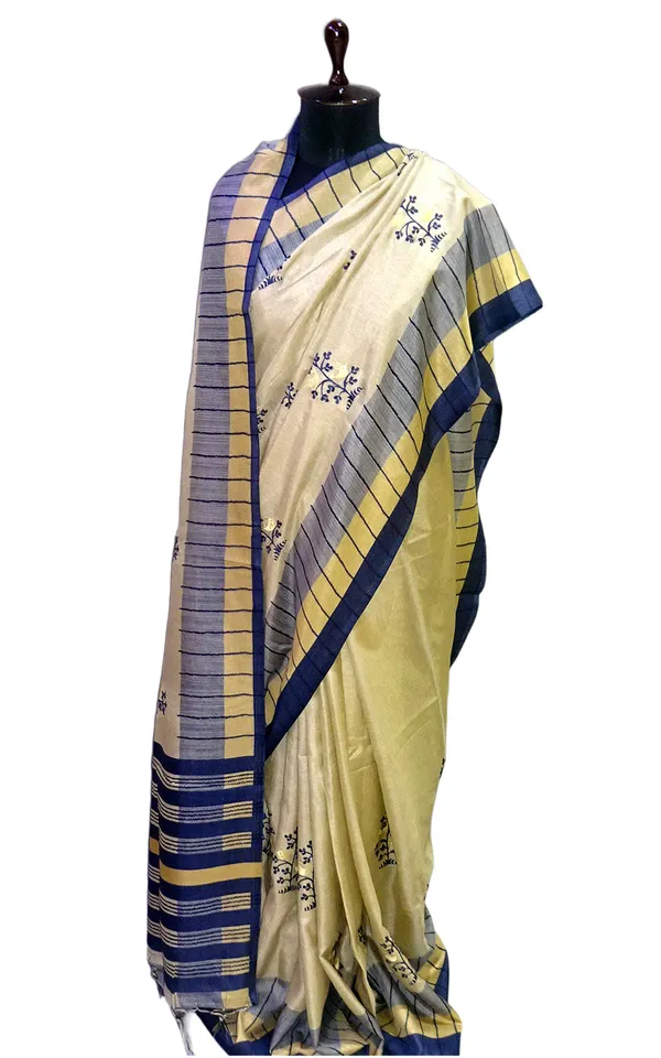 Embroidery_Work_Soft_Kosa_Silk_Saree_In_Cream_Khaki_And_Navy_Blue_Thread_Work