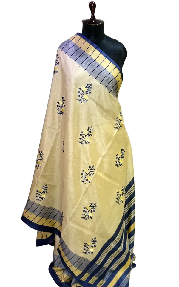 Embroidery_Work_Soft_Kosa_Silk_Saree_In_Cream_Khaki_And_Navy_Blue_Thread_Work