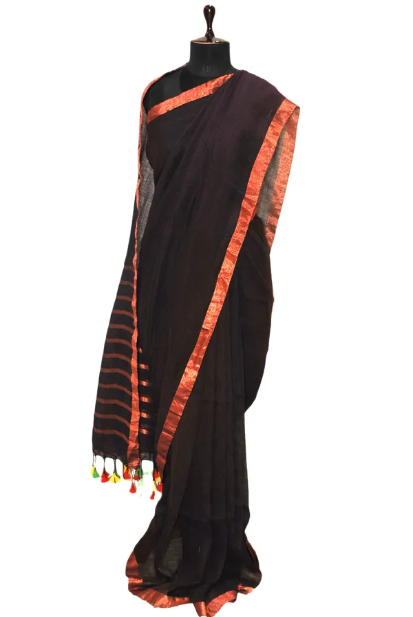 Smart_Linen_Saree_With_Stripe_Pallu_In_Dark_Brown_And_Copper_Zari