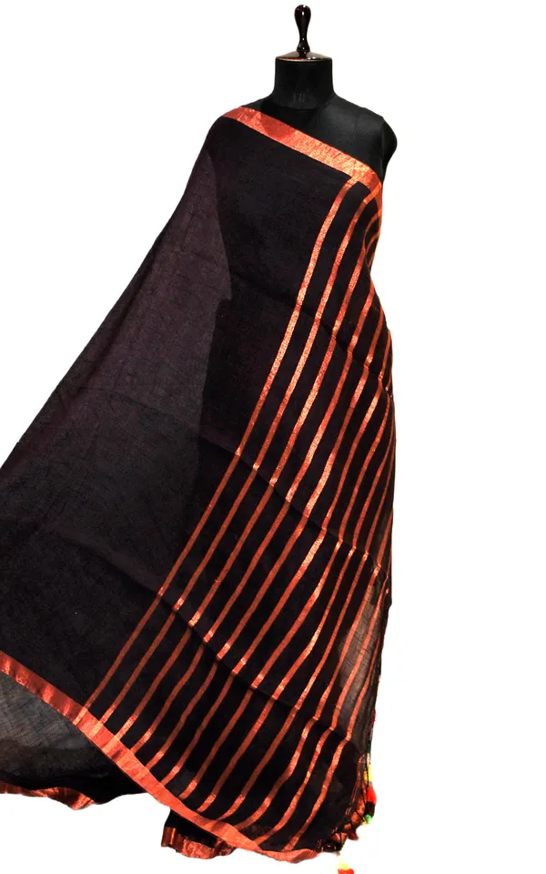 Smart_Linen_Saree_With_Stripe_Pallu_In_Dark_Brown_And_Copper_Zari